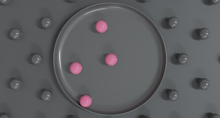Abstract 3D render of pink spheres placed inside a gray plate surrounded by neutral gray spheres, creating a balanced minimal composition perfect for design, branding, and digital illustration.