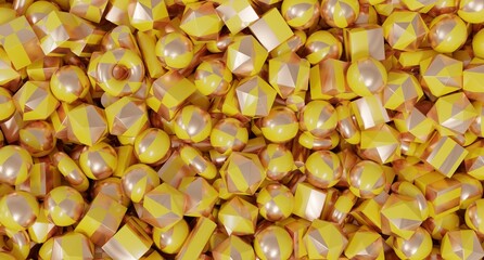 Abstract 3D render of geometric shapes in yellow and gold tones arranged in minimal composition, suitable for luxury branding, design projects, creative backgrounds, and digital art.