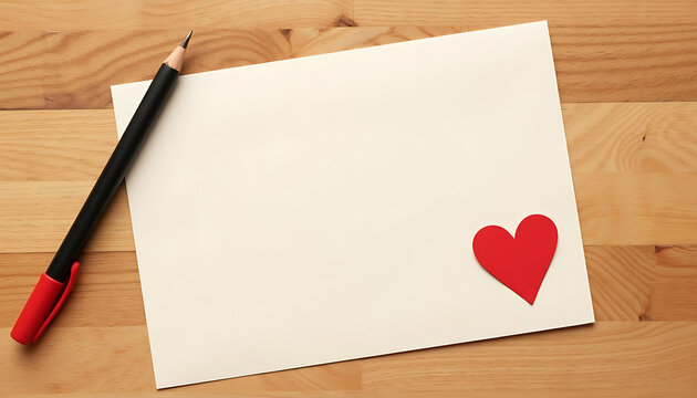 Blank card with red heart and black pencil on wooden table