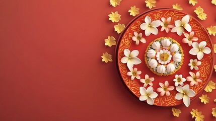 Floral arrangement on red plate