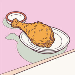 Hand drawn fried chicken leg with dipping sauce on a plate on table