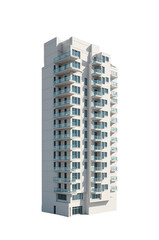 Tall modern residential building with white facade, glass balconies, and large windows, minimalist design, isolated on transparent background.