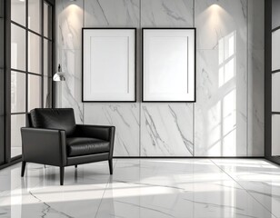 Modern Minimalist Interior: Black Leather Chair & Marble Wall