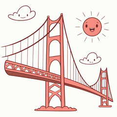 Cute cartoon illustration of golden gate bridge isolated on white background