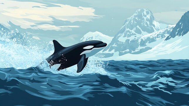 Orca leaping in icy seascape