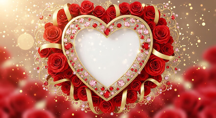 Romantic Heart Frame Surrounded by Red Roses Golden Ribbons and Sparkling Lights for Valentines Day and Celebrations