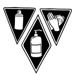 Minimilist triangular and diamond shaped icons displaying handwashing sanitizer and spray bottle in black and white vector