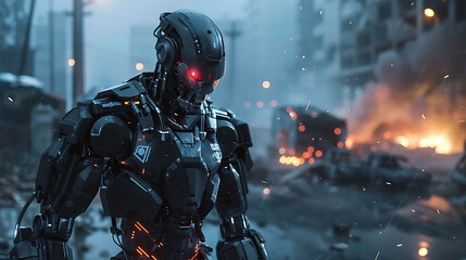 Futuristic Military Robot with Red Eyes – Cyberpunk War Machine in Post-Apocalyptic City