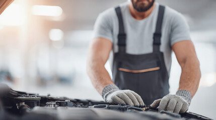 Obraz premium Auto mechanic in gloves working on car engine in repair shop, wearing overalls, focusing on maintenance and hands-on technical service in garage setting. Selective focus.