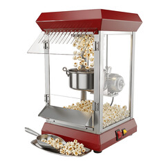 Classic Red Popcorn Machine Actively Popping and Dispensing Fresh Popcorn with Scoop and Tray