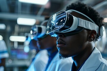 Three young African American men engage with virtual reality in a low-light industrial setting. Their focused expressions reflect the serious mood of technological exploration.