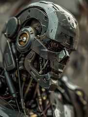 Obraz premium Close-up Futuristic Military Robot Cyborg – Hyper Realistic Sci-Fi AI Concept