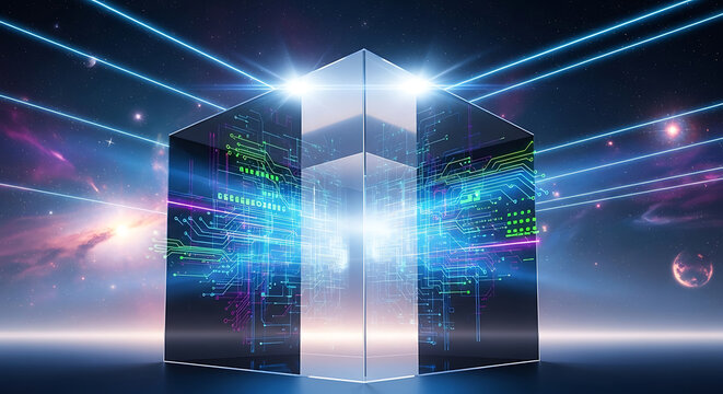 Futuristic digital server cube with glowing lights in outer space