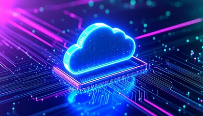 A glowing cloud icon rests on a circuit board, showcasing futuristic technology and digital data storage.