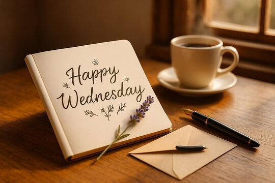 Open notebook cozy morning scene on wooden table showing &ldquo;Happy Wednesday&rdquo; for cheerful journaling.
