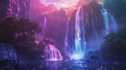 Fototapeta premium Magical Fantasy Waterfall with Rainbow – Surreal Nature Landscape Background