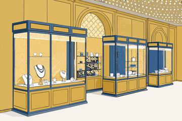 Jewelry shop with shining glass display cases.