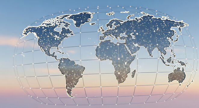 Global network connecting cities and continents across the world map