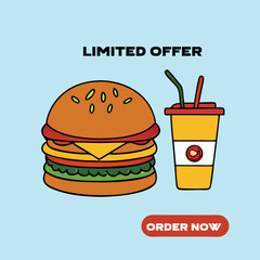 Illustration of a burger and soda with a limited time offer message