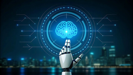 Futuristic AI Brain Interface Conceptual Illustration with Robot Hand and Cityscape Background Represents Artificial Intelligence Technology and Digital Transformation