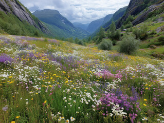 Obraz premium Wildflower meadow on hillside in Norway’s summer
