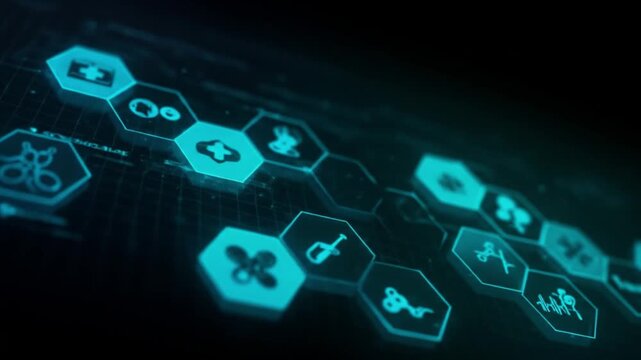 A digital display of interconnected medical icons in a futuristic blue glow system