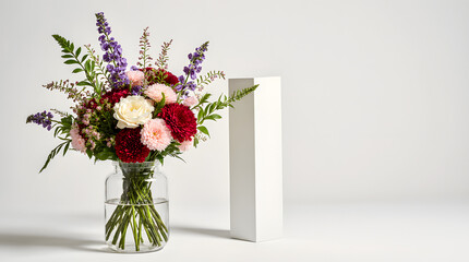 Colorful flower bouquet in glass vase on white background scene