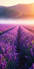 Obraz premium Lavender Field at Dawn with Morning Mist and Dew-Covered Blossoms