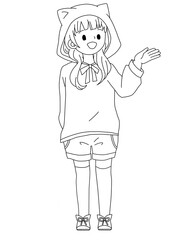 ハロウィンの黒ねこパーカーの女の子・線画（案内ジェスチャー）