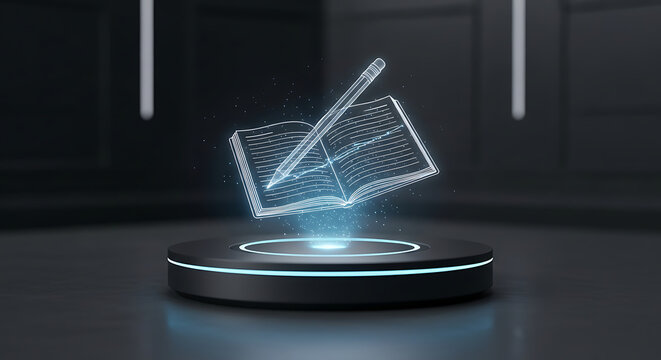 Holographic book and pen glowing on a futuristic platform