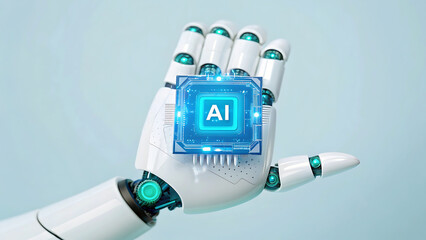 Futuristic Artificial Intelligence Robot Hand Holding Glowing AI Chip Concept of Future Technology Machine Learning and Automation