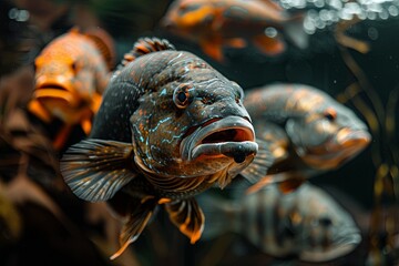 Multiple types of fish swim gracefully in a dark aquarium. The vibrant colors and mysterious setting create an intriguing atmosphere.