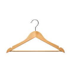 Empty wooden clothes hanger with metal hook and strap notches isolated on a solid green background