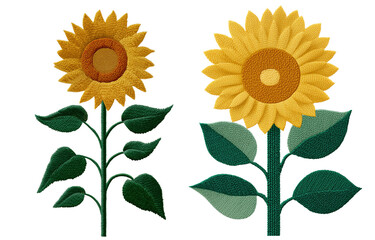 Fototapeta premium Sunflower embroidery design featuring two vibrant sunflowers with detailed petals and leaves. bright yellow flowers stand out against contrasting background, showcasing intricate stitching