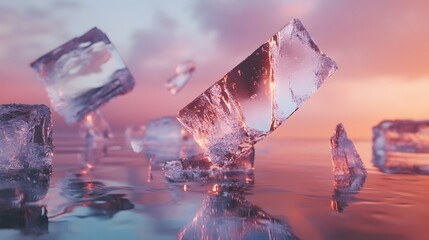 Stunning Ice Blocks Floating on Calm Water at Sunset Glow