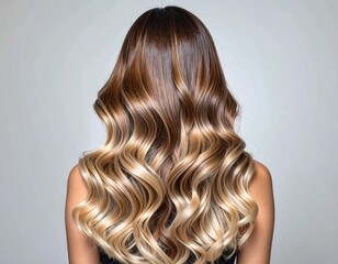 Naklejka premium Balayage Beauty Wavy Caramel Blonde Hair Back View on Neutral Backdrop