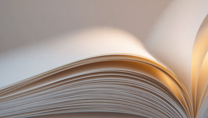 Close-up of open book pages curving under soft warm lighting, highlighting paper texture and subtle shadows in a calm, minimalist composition. Selective focus.