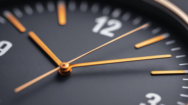 Close-up of black watch face with golden hands showing precise time, highlighting luxury, elegance and attention to detail in modern timekeeping design. Selective focus.