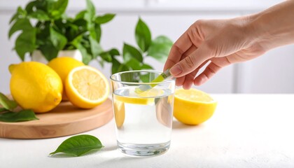 Fototapeta premium A hand gently places a vibrant green tablet into a glass of water with a lemon slice, creating a refreshing and healthy beverage.