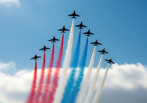 Nine military jets in V formation releasing red, white, and blue smoke trails. symbolizing precision, unity, and national pride.