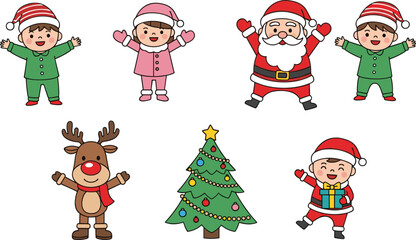 Cute Christmas cartoon characters with Santa, kids, reindeer, and tree in festive costumes, perfect for holiday greeting cards, decorations.