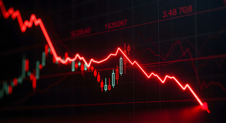 Digital display of a falling stock market graph indicating economic collapse and bear market
