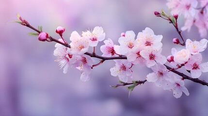 Obraz premium Delicate Cherry Blossom Branch with Soft Purple Background