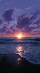 Obraz premium Purple and orange hues blend at sunset over gentle ocean waves by the shore
