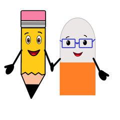 pencil and eraser happy funny characters smiling and holding hands back tyo school stationery school supplies.eps