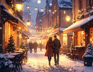 Obraz premium Romantic winter evening scene of a couple strolling through a charming European old town decorated for the holidays as snow falls
