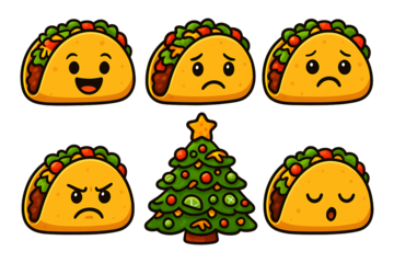 Cartoon tacos with Christmas tree festive emoji set illustration of winter holiday food artwork