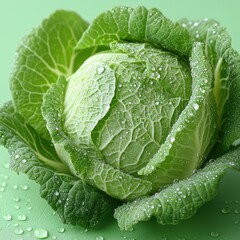 Fototapeta premium Crisp cabbage adorned with droplets reflects morning light, showcasing nature's beauty