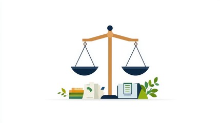 Balance Scale Illustration with Documents and Greenery Elements
