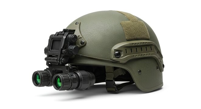 Olive helmet with night vision goggles mounted on white background - Powered by Adobe